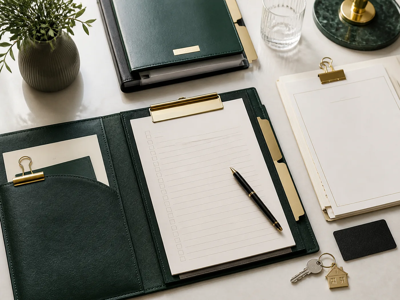 Organised estate planning desk with documents and property keys